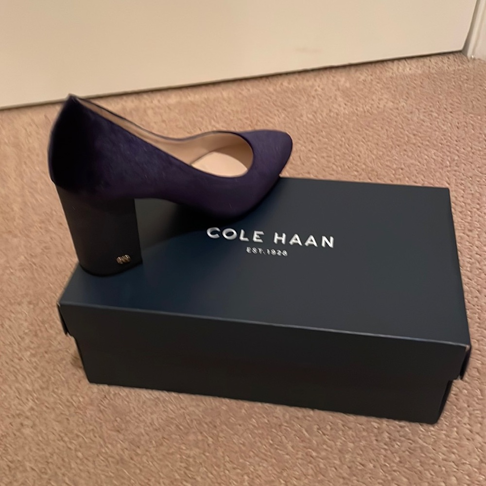 NIB Cole Haan navy velvet heels. Sparkly 3.5” heel w/gold logo.